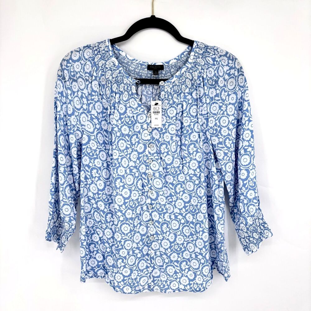 Talbots Blue And White Floral-Print Blouse 3/4-Sleeve PS Smocked Split Neck NWT